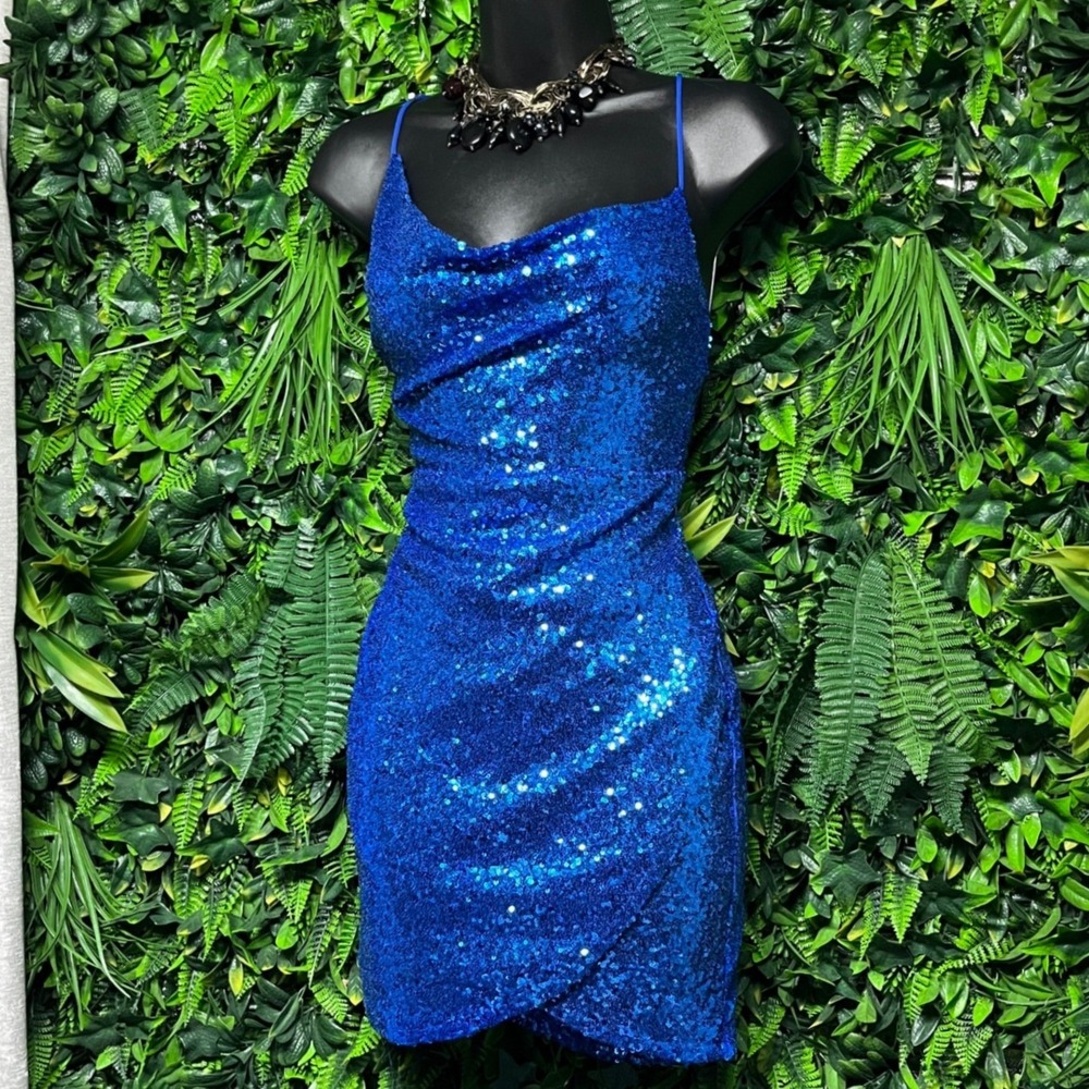 Hello Molly Dress Small Blue Sequin Cowl Neck Mini Open Back Cocktail NWT 4159